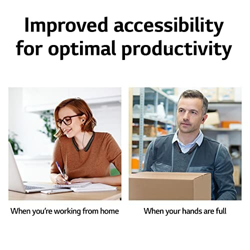 Two people using headsets for improved accessibility; one working from home, the other holding a box.