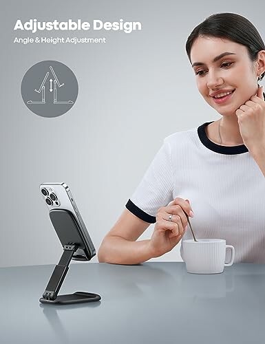 Woman using adjustable phone stand while drinking coffee