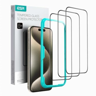 ESR tempered-glass screen protector with installation frame and packaging.