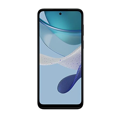 Front view of a modern smartphone with a blue abstract wallpaper.